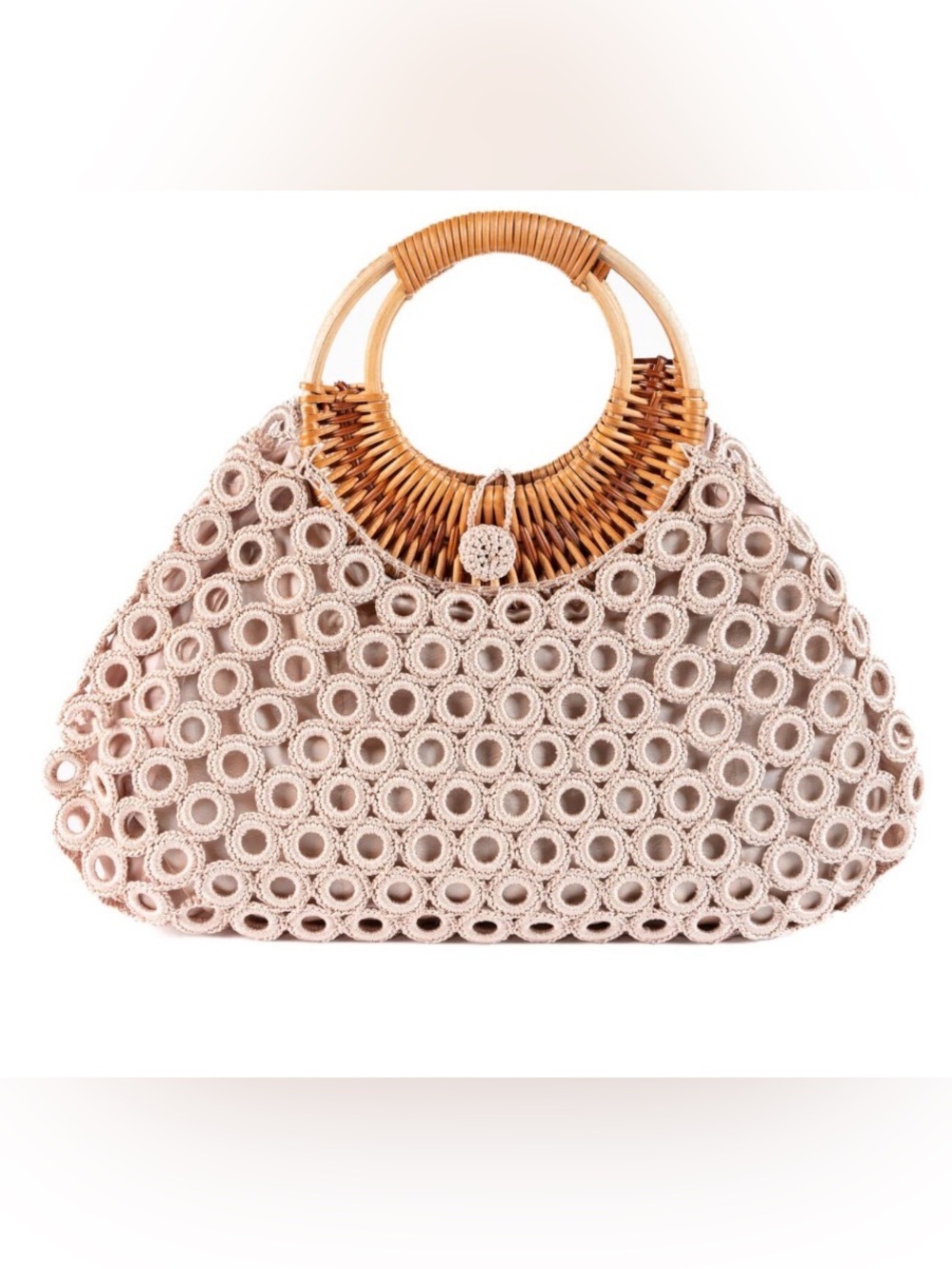 Boho Crochet Circle Handmade Tote Bag with Bamboo Handles ,Beige 
Made in Italy
